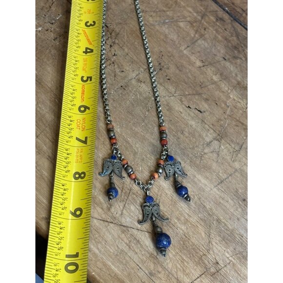 Vintage Angel Pendant Necklace With Lapis Beads & Brass Chain - Picture 8 of 16